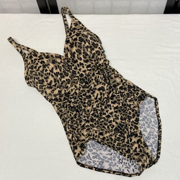 Aqua Green Shirred Side Front One Piece Low V Neck Leopard Spot Swimsuit NWT S - Picture 7 of 12